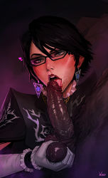 Rule 34 | 1boy, 1girl, alternate hair length, alternate hairstyle, bayonetta, bayonetta (series), bayonetta 2, black hair, blue eyes, caressing testicles, clothed female nude male, dark-skinned male, dark skin, earrings, eyeshadow, fellatio, glasses, hetero, highres, incase, jewelry, lips, lipstick, makeup, mole, mole under mouth, nose, nude, open mouth, oral, penis, short hair, solo focus, testicles, tongue, uncensored