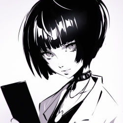 Rule 34 | 10s, 1girl, bad id, bad tumblr id, blunt bangs, choker, clipboard, greyscale, ilya kuvshinov, jewelry, looking at viewer, monochrome, necklace, persona, persona 5, portrait, short hair, sketch, solo, takemi tae, white background