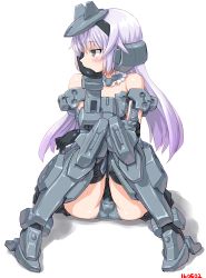 Rule 34 | 10s, 1girl, architect, bad id, bad pixiv id, bare shoulders, black gloves, black thighhighs, blue eyes, blush, dd (ijigendd), elbow gloves, frame arms girl, full body, gloves, grey panties, hairband, head rest, headgear, knees together feet apart, light purple hair, long hair, mecha musume, numbered, panties, pantyshot, shadow, simple background, sitting, solo, thighhighs, underwear, white background