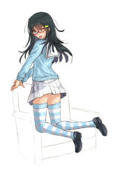 Rule 34 | 1girl, black eyes, black hair, chair, glasses, hair ornament, hairclip, kazeno, kneeling, loafers, long hair, one eye closed, original, partially colored, school uniform, shoes, skirt, smile, solo, striped clothes, striped thighhighs, sweater, thighhighs, wink, zettai ryouiki