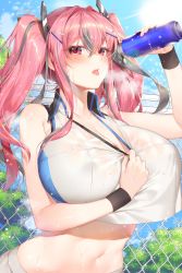 Rule 34 | 1girl, absurdres, azur lane, bare shoulders, blush, bottle, breasts, bremerton (azur lane), bremerton (scorching-hot training) (azur lane), cleavage, collarbone, covered erect nipples, day, hair between eyes, hair ornament, hairclip, heavy breathing, highres, holding, holding bottle, huge breasts, ia (ias1010), long hair, looking at viewer, midriff, mole, mole under eye, multicolored hair, navel, open mouth, outdoors, pink eyes, pink hair, see-through, shirt, sidelocks, skirt, sky, sleeveless, sleeveless shirt, solo, sportswear, streaked hair, sweat, tennis uniform, tongue, tongue out, twintails, wet, wet clothes, x hair ornament