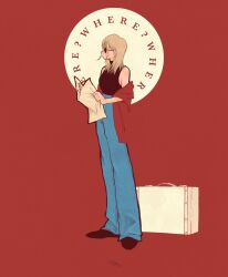 Rule 34 | 1girl, black footwear, black shirt, blending, blonde hair, blue pants, circle, highres, holding, holding paper, long hair, off-shoulder shirt, off shoulder, original, pants, paper, profile, red background, red shirt, shirt, shirt tucked in, shoes, sleeveless, sleeveless shirt, solo, standing, suitcase, sunglasses, syooooyoooo, wide shot