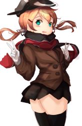 Rule 34 | 10s, 1girl, absurdres, bad id, bad pixiv id, blonde hair, blue eyes, coat, gloves, hat, highres, kantai collection, long hair, looking back, low twintails, peaked cap, prinz eugen (kancolle), ranf, scarf, skirt, smile, solo, twintails, v