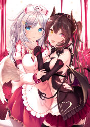 Rule 34 | 2girls, angel, angel wings, apron, arm around back, asymmetrical docking, black dress, black hair, black hairband, black thighhighs, black wings, blue eyes, bow, bowtie, breast press, breasts, clothing cutout, cross print, demon girl, demon horns, demon tail, demon wings, dress, earrings, fang, food, frilled dress, frilled hairband, frills, fruit, garter straps, grey hair, hair ornament, hairband, hairclip, hand on another&#039;s face, haruka natsuki, hat, heterochromia, horns, jewelry, juliet sleeves, leg up, light frown, long sleeves, low wings, medium breasts, medium skirt, multicolored hair, multiple girls, nurse cap, open mouth, original, oversized object, pantyhose, pointy ears, ponytail, puffy sleeves, red eyes, red hair, red skirt, shirt, short dress, side cutout, skirt, sleeveless, sleeveless dress, slit pupils, smile, standing, standing on one leg, strawberry, streaked hair, tail, thighhighs, two side up, white apron, white headwear, white pantyhose, white shirt, white wings, wings, yellow bow, yellow bowtie, yellow eyes