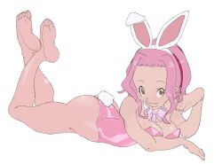 Rule 34 | 1girl, animal ears, ass, bow, bowtie, breasts, brown eyes, chinese zodiac, cleavage, detached collar, digimon, digimon adventure 02, fake animal ears, fake tail, feet, female focus, full body, hairband, highleg, highleg leotard, leotard, long hair, looking at viewer, lying, medium breasts, on stomach, pantyhose, pink bow, pink bowtie, pink hair, pink leotard, playboy bunny, rabbit ears, rabbit tail, simple background, smile, solo, strapless, strapless leotard, tachikawa mimi, tail, the pose, thong, thong leotard, toes, year of the rabbit