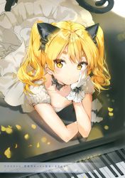 Rule 34 | 1girl, absurdres, animal ears, anmi, black bow, black choker, blonde hair, bow, cat ears, cat tail, character name, choker, closed mouth, dress, gloves, hand up, head rest, highres, hikaru (houkago no pleiades), houkago no pleiades, instrument, kemonomimi mode, looking at viewer, lying, on stomach, piano, short sleeves, solo, tail, thick eyebrows, twintails, white dress, white gloves, yellow eyes