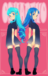 Rule 34 | 2girls, ankle boots, aqua hair, black dress, black footwear, black thighhighs, blue eyes, blue hair, boots, commentary, dress, drill hair, from behind, grin, happinesscharge precure!, heartcatch precure!, in-franchise crossover, intertwined hair, jj (ssspulse), kurumi erika, long hair, looking at viewer, looking back, multiple girls, open mouth, precure, romaji text, in-franchise crossover, shirayuki hime, short dress, short sleeves, smile, standing, symmetrical pose, text background, thighhighs, translated