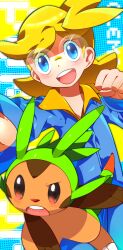 Rule 34 | 1boy, blonde hair, blue eyes, blue jumpsuit, brad (16325), character name, chespin, clemont (pokemon), clenched hand, collared jumpsuit, commentary request, creatures (company), game freak, gen 6 pokemon, highres, jumpsuit, male focus, nintendo, open mouth, partial commentary, pokemon, pokemon (creature), pokemon xy, rimless eyewear, round eyewear, short hair, teeth, upper teeth only