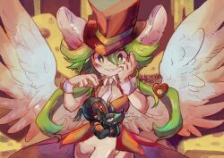 Rule 34 | 1girl, 2boys, animal ears, breasts, cheese, cleavage, clenched teeth, collar, commentary, crossed arms, dress, english commentary, feathered wings, food, frown, giant, giantess, gloves, green eyes, green hair, hair between eyes, hand on own cheek, hand on own face, hat, heart, heart (mad rat dead), hole in chest, hole on body, leotard, lifting animal, mad rat (mad rat dead), mad rat dead, medium breasts, mouse (animal), mouse ears, mouse girl, mouse tail, multiple boys, necktie, neskybo, one-eyed, orange gloves, rat god (mad rat dead), red dress, signature, simple background, slit pupils, smile, stitched face, stitches, sweatdrop, swiss cheese, tail, teeth, top hat, white collar, white leotard, white necktie, wings, wrist cuffs