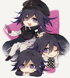 Rule 34 | 3boys, cape, checkered clothes, checkered scarf, danganronpa (series), danganronpa v3: killing harmony, fanta, hand on another&#039;s head, hands on own cheeks, hands on own face, hat, male focus, multiple boys, open mouth, oma kokichi, peaked cap, purple eyes, purple hair, scarf, smile, straitjacket, suke (mo8460)
