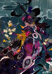 Rule 34 | ayisiorih, black hair, brush, fate/grand order, fate (series), flower, hair flower, hair ornament, highres, ink, japanese clothes, katsushika hokusai (fate), kimono, looking to the side, octopus, painting (medium), sash, smile, tagme, traditional media, water, waves