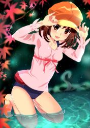 Rule 34 | 1girl, :d, arms up, barefoot, blue one-piece swimsuit, blurry, blush, breasts, brown hair, cabbie hat, collarbone, commentary request, depth of field, feet, hat, highres, kneeling, leaf, long sleeves, looking at viewer, mashimaro tabetai, medium hair, monogatari (series), nail polish, night, night sky, old school swimsuit, one-piece swimsuit, open mouth, orange hat, partially submerged, pink nails, pink ribbon, pink shirt, ribbon, school swimsuit, sengoku nadeko, shirt, sitting, sky, smile, solo, star (sky), starry sky, swimsuit, swimsuit under clothes, toes, wariza, water