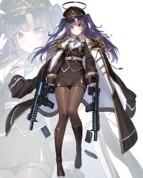 Rule 34 | 1girl, absurdres, alternate costume, belt, black coat, black footwear, black gloves, black skirt, blue archive, blue necktie, boots, coat, coat on shoulders, collared shirt, commentary request, dual wielding, epaulettes, full body, gloves, gun, halo, hat, highres, holding, holding gun, holding weapon, knee boots, kokukyukeo, long hair, long sleeves, looking at viewer, magazine (weapon), military uniform, necktie, open clothes, open coat, parted bangs, peaked cap, pencil skirt, purple eyes, purple hair, shirt, sidelocks, sig mpx, simple background, skirt, solo, standing, submachine gun, triangle hair ornament, two side up, uniform, weapon, yuuka (blue archive), zoom layer