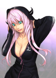 Rule 34 | 1girl, aqua eyes, bad id, bad pixiv id, breasts, center opening, cleavage, collarbone, hood, large breasts, lips, lipstick, long hair, makeup, original, pink hair, solo, unzipped, yuuji (and)