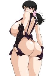 Rule 34 | 1girl, ass, ass grab, asymmetrical armwear, backless leotard, backless outfit, bare shoulders, black hair, blue eyes, blush, bottomless, breasts, cattleya (queen&#039;s blade), cattleya (queen's blade), cowboy shot, curvy, embarrassed, glasses, gloves, highres, huge breasts, large breasts, legs together, leotard, lip van winkle, long hair, looking at viewer, looking back, mature female, no bra, pink scrunchie, ponytail, purple gloves, queen&#039;s blade, revealing clothes, scrunchie, sideboob, simple background, solo, standing, thong leotard, weapon merchant cattleya, white background
