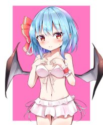 Rule 34 | 1girl, bat wings, bikini, bikini skirt, blue hair, blush, breasts, commentary request, cowboy shot, embarrassed, front-tie top, frown, hair between eyes, hair ribbon, hands on own chest, highres, iyo (ya na kanji), looking at viewer, navel, no headwear, no headwear, pink background, red eyes, remilia scarlet, ribbon, short hair, side-tie bikini bottom, simple background, small breasts, solo, sweatdrop, swimsuit, touhou, white bikini, wings