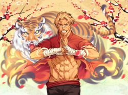 Rule 34 | 1boy, abs, alternate costume, bandaid, bandaid on face, bandaid on nose, bara, beowulf (fate), blonde hair, chinese zodiac, facial hair, fate/grand order, fate (series), fist in hand, goatee, highres, large pectorals, male focus, mature male, muscular, muscular male, new year, pectorals, red eyes, scar, short hair, smile, solo, yaekaidou, year of the tiger
