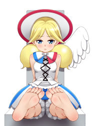 Rule 34 | 1girl, barefoot, blonde hair, blue eyes, blush, character request, feet, foot focus, hat, highres, looking at viewer, pov, single wing, sitting, soles, toes, wings