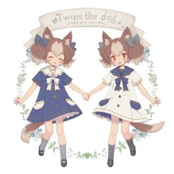Rule 34 | 2girls, :d, ^ ^, animal ear fluff, animal ears, bey (bey01st), black footwear, blue bow, blue dress, blue neckwear, blue sailor collar, blush, bow, bowtie, brown hair, buttons, closed eyes, dog ears, dog girl, dog tail, dot nose, dress, english text, facing viewer, floral background, flower, framed image, full body, grey legwear, hair between eyes, hair bow, head tilt, highres, holding hands, leaf, leg up, light brown hair, looking at viewer, mary janes, multicolored hair, multiple girls, open hand, open mouth, orange eyes, original, outside border, outstretched arms, paw print, pocket, sailor collar, sailor dress, shoes, short sleeves, short twintails, siblings, sisters, smile, socks, standing, tail, thick eyebrows, twins, twintails, two-tone hair, wavy hair, white background, white bow, white dress, white neckwear, white sailor collar