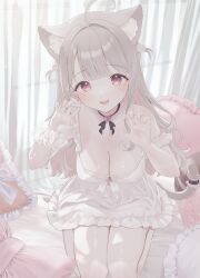 1girl :d absurdres ahoge animal_ear_fluff animal_ears black_choker breasts cat_ears cat_girl cat_tail choker claw_pose cleavage dress grey_hair highres indie_virtual_youtuber kuyukian3 large_breasts long_hair mole mole_under_eye open_mouth pink_eyes second-party_source single_wrist_cuff smile solo tail uise_iu virtual_youtuber white_dress wrist_cuffs