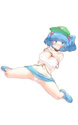 Rule 34 | 1girl, ass, bare legs, bare shoulders, belt, belt around neck, between breasts, blouse, blue eyes, blue footwear, blue hair, blue skirt, blunt bangs, blush, breasts, cleavage, clothes lift, commentary request, covered erect nipples, full body, green hat, hair bobbles, hair ornament, hat, highres, kawashiro nitori, key, large breasts, looking at viewer, miniskirt, mouth hold, navel, non (z-art), o-ring, panties, shirt, simple background, sitting, skirt, solo, spread legs, tank top, thighs, touhou, two side up, underwear, upskirt, white background, white panties, white shirt