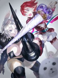 Rule 34 | 1boy, 3girls, angry, animal ears, armor, bad id, bad pixiv id, battle, bertolucci (pixiv fantasia), blue eyes, blurry, blurry foreground, borrowed character, breasts, clash, copyright name, depth of field, duel, fairy, fairy wings, frown, fur, grey hair, holding, holding polearm, holding weapon, huge breasts, impossible clothes, licorice (pixiv fantasia), mini person, minigirl, motion blur, multiple girls, nishihara isao, open mouth, pale skin, panties, pauldrons, pixiv fantasia, pixiv fantasia sword regalia, pointy ears, polearm, r-riru (pixiv fantasia), rabbit ears, red hair, seal (animal), shandy (pixiv fantasia), short hair, shoulder armor, shouting, sparks, string panties, thighhighs, thighs, underwear, weapon, wings