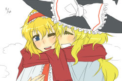 Rule 34 | 2girls, ascot, blonde hair, blue eyes, blush, bow, closed eyes, grin, hairband, hat, hat bow, multiple girls, sash, scarf, shared clothes, shared scarf, smile, touhou, witch hat, yomegane, yuri
