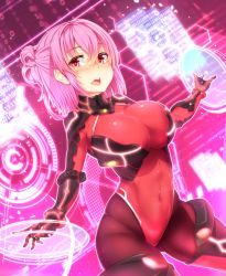 Rule 34 | 1girl, binary, blush, bodysuit, breasts, covered navel, gloves, highres, holographic interface, karaage (ta-na), large breasts, looking at viewer, open mouth, original, pantyhose, pink hair, red eyes, skin tight, solo
