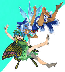 Rule 34 | 2girls, antennae, aqua hair, bare legs, barefoot, black eyes, blue bow, blue dress, blue eyes, blue hair, bow, butterfly wings, cirno, commentary request, dress, eternity larva, fairy, flower, green dress, grin, hair between eyes, hair bow, ice, ice wings, insect wings, leaf, leaf on head, multicolored clothes, multicolored dress, multiple girls, open mouth, partial commentary, sachy (sachichy), short hair, single strap, smile, sunflower, tanned cirno, touhou, wings