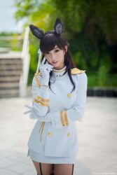 Rule 34 | 1girl, alodia gosiengfiao, animal ears, atago (azur lane), azur lane, cosplay, garter straps, gloves, highres, looking at viewer, military, military uniform, miniskirt, skirt, solo, source request, uniform