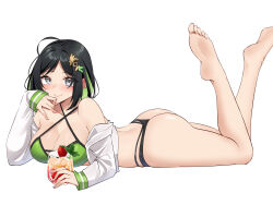 Rule 34 | 1girl, absurdres, ass, bare legs, bare shoulders, barefoot, bikini, black hair, blush, breasts, cleavage, commission, feet, green bikini, grey eyes, hair ornament, hand up, highres, large breasts, legs, long sleeves, looking at viewer, lying, off shoulder, on stomach, original, pinepin, short hair, simple background, smile, soles, solo, swimsuit, the pose, thighs, toes, white background