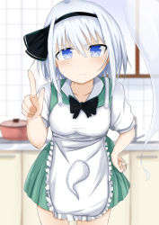 Rule 34 | 1girl, absurdres, apron, arm up, black bow, black bowtie, blue eyes, blurry, bow, bowtie, breasts, collarbone, commentary request, counter, cowboy shot, daru (kumakumadon), depth of field, faucet, frown, furrowed brow, ghost print, green skirt, green vest, hair between eyes, hair ribbon, hand on own hip, highres, index finger raised, kitchen, konpaku youmu, konpaku youmu (ghost), leaning forward, looking at viewer, medium breasts, miniskirt, pot, puffy short sleeves, puffy sleeves, ribbon, short hair, short sleeves, silver hair, skirt, solo, standing, tile wall, tiles, touhou, vest, window