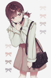 Rule 34 | 1girl, bag, bear hair ornament, black mask, blouse, blush, bow, bright pupils, brooch, brown eyes, brown hair, brown skirt, chainsaw man, closed mouth, commentary request, cowboy shot, frilled shirt, frills, grey background, hair ornament, hairclip, heart, heart brooch, higashiyama kobeni, highres, jewelry, long sleeves, looking at viewer, mask, mask pull, mole, mole under eye, mouth mask, multiple rings, nervous, partial commentary, pulling own clothes, raimone26, ring, shirt, short ponytail, shoulder bag, simple background, skirt, solo, sweat, white pupils, white shirt, x hair ornament