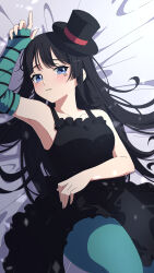 Rule 34 | 1girl, absurdres, akashi (4kc 27), akiyama mio, aqua gloves, aqua thighhighs, armpits, bed sheet, black dress, black eyes, black hair, black hat, collarbone, don&#039;t say &quot;lazy&quot;, dress, elbow gloves, fingerless gloves, gloves, hat, highres, k-on!, long hair, looking at viewer, lying, mini hat, mini top hat, official alternate costume, on back, single glove, solo, striped clothes, striped gloves, thighhighs, top hat