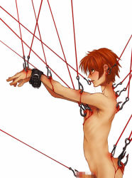 Rule 34 | 1boy, armpit hair, artist request, blood, censored, character request, copyright request, guro, hook, male focus, mosaic censoring, pain, penis, piercing, pubic hair, red hair, simple background, solo, source request, torture, white background