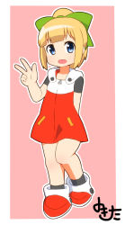 Rule 34 | 1girl, ashida nanase, black socks, blonde hair, blue eyes, blunt bangs, bow, commentary, dress, flat chest, green bow, hair bow, highres, hooded dress, looking at viewer, mega man (classic), mega man (series), mega man 11, open mouth, outline, pink background, ponytail, red dress, red footwear, roll (mega man), shoes, short sleeves, sidelocks, signature, simple background, socks, solo, standing, standing on one leg, v, white outline, zipper