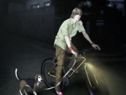 Rule 34 | 1boy, bicycle, brown eyes, brown hair, brown pants, building, dog, eyes visible through hair, fence, game cg, green shirt, leash, legs, lossy-lossless, male focus, mita makoto, nitro+ chiral, non-web source, on vehicle, outdoors, pants, red wristband, road, shirt, shoes, short hair, short sleeves, sneakers, solo, street, sweet pool, wheel, wooden fence, worried, wristband