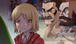 Rule 34 | 10s, 1girl, 2boys, beard, blonde hair, blue eyes, blush, body hair, brown eyes, brown hair, chest hair, closed mouth, collarbone, collared shirt, commentary request, dress shirt, facial hair, fading, final fight, hidaka koharu, high score girl, hood, hood down, hooded jacket, indoors, jacket, mike haggar, mohawk, multiple boys, muscular, mustache, poster (object), red jacket, shirt, street fighter, taka (takahirokun), topless male, v-shaped eyebrows, white shirt, zangief
