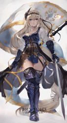 Rule 34 | 1girl, armor, battle standard, belt, black thighhighs, blonde hair, blue armor, blue eyes, breasts, character name, cleavage, collarbone, commentary request, dual wielding, flag, flower, gauntlets, granblue fantasy, greaves, hair flower, hair ornament, hair ribbon, hairband, highres, holding, jeanne d&#039;arc (granblue fantasy), long hair, looking at viewer, parted lips, ribbon, shirt, single bare shoulder, solo, sword, thighhighs, thighs, very long hair, watao, weapon, white shirt