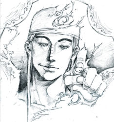 Rule 34 | 1boy, bandana, electricity, enel, graphite (medium), long earlobes, looking at viewer, male focus, monochrome, one piece, pointing, rhymee, skypiea, solo, traditional media