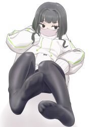 Rule 34 | 1girl, absurdres, black pantyhose, colored inner hair, feet, highres, hood, hoodie, inno (amputator), legs, mask, mouth mask, multicolored hair, no shoes, original, pantyhose, short hair, sitting, soles, solo, thighhighs, toes, watermark, white background