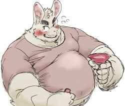 Rule 34 | 1boy, animal ears, bara, big belly, blush, cup, drunk, exe exem, facial hair, fat, fat man, furry, furry male, highres, large pectorals, looking at viewer, male focus, mature male, midriff peek, mustache stubble, original, pectorals, rabbit boy, rabbit ears, sakazuki, seductive smile, short hair, smile, solo, sparse stubble, squeans, stubble, unfinished, upper body