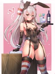 Rule 34 | 1girl, :&lt;, amatsukaze (kancolle), animal ears, black gloves, black leotard, blush, breasts, brown eyes, cameltoe, choker, closed mouth, collarbone, commentary request, covered erect nipples, covered navel, doyouwantto, elbow gloves, fake animal ears, garter straps, gloves, grey hair, hairband, halterneck, hat, heart, holding, kantai collection, leotard, long hair, looking at viewer, mini hat, outside border, playboy bunny, rabbit ears, red thighhighs, revision, shiny skin, signature, small breasts, smile, smoke, solo, striped clothes, striped thighhighs, suspenders, thighhighs, thighs, towel, tray, two side up, wrist cuffs
