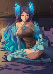 Rule 34 | 1girl, ale (ale halexxx), bare shoulders, bed, blue eyes, blue fire, blue gloves, blue hair, boots, breasts, brighid (xenoblade), chest jewel, double bun, facial mark, fiery hair, fire, forehead mark, gloves, gradient hair, hair bun, half-closed eyes, large breasts, long hair, looking at viewer, multicolored hair, nipples, on bed, purple hair, pussy, revision, see-through, sitting, smile, solo, thigh boots, thighhighs, uncensored, unusually open eyes, very long hair, xenoblade chronicles (series), xenoblade chronicles 2, yokozuwari