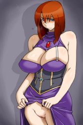 Rule 34 | 00s, 1girl, blue eyes, blush, breasts, cleavage, cleavage cutout, clothes lift, clothing cutout, dress, dress lift, forte stollen, galaxy angel, highres, large breasts, pussy, red hair, solo, translated