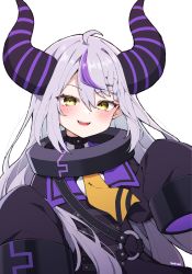 Rule 34 | 1girl, absurdres, artist name, black horns, black jacket, blush, braid, commentary, hair between eyes, highres, hololive, holox, horns, jacket, la+ darknesss, long hair, long sleeves, looking at viewer, multicolored hair, open mouth, purple hair, seion, simple background, sleeves past fingers, sleeves past wrists, smile, solo, streaked hair, striped horns, virtual youtuber, white background, white hair, yellow eyes