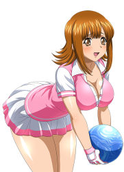 Rule 34 | 00s, 1girl, ato (ikkitousen), bag, breasts, brown eyes, brown hair, cleavage, collarbone, eyebrows, fingerless gloves, gloves, holding, holding bag, ikkitousen, large breasts, leaning forward, long hair, open mouth, pink shirt, pleated skirt, shirt, short hair, skirt, solo, white skirt