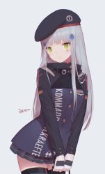 Rule 34 | 1girl, artist name, beret, black hat, black thighhighs, breasts, buttons, contrapposto, cowboy shot, facial mark, german flag, girls&#039; frontline, gloves, green eyes, grey background, hair ornament, hat, highres, hk416 (girls&#039; frontline), holding, jacket, long hair, long sleeves, looking at viewer, maredoro, medium breasts, pleated skirt, silver hair, simple background, skirt, smile, solo, standing, thighhighs, thighs, v arms, zettai ryouiki