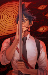 Rule 34 | 1boy, black hair, black necktie, blue eyes, chainsaw man, cigarette, earrings, fox devil (chainsaw man), hayakawa aki, highres, holding, holding sword, holding weapon, jewelry, looking at viewer, male focus, necktie, one eye covered, pineapplebread, shirt, smoke, stud earrings, sword, topknot, weapon, white shirt, yellow eyes