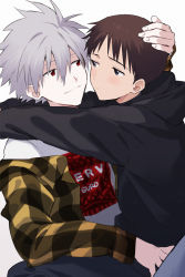 Rule 34 | 11kkr, 2boys, black pants, black vest, blue eyes, blue pants, blush, brown hair, closed mouth, hand on another&#039;s head, hand on another&#039;s hip, highres, holding, hug, ikari shinji, looking at another, multiple boys, nagisa kaworu, neon genesis evangelion, pants, red eyes, shirt, short hair, simple background, sitting, smile, standing, vest, white hair, white shirt